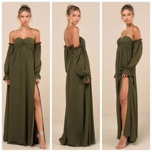 Lulus Glorious Invite Olive Green Knotted Off-Shoulder Maxi Dress | XL | NWT